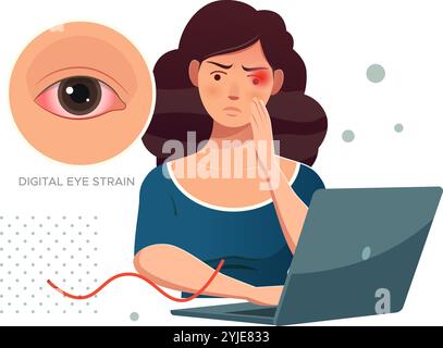 Digital Eye Strain, Person sitzend auf dem Arbeitstisch mit Augenbelastung – Stock Illustration als EPS 10-Datei Stock Vektor