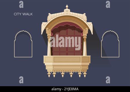 Traditionelles Rajasthani-Fenster - kompliziertes Gitterwerk - Stock-Illustration als EPS 10-Datei Stock Vektor