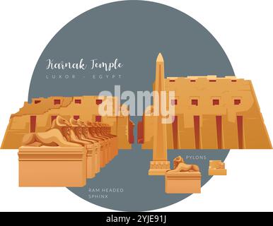 Der Karnak Tempel - Elemente Pylon, RAM-Kopf Sphinx - Luxor, Ägypten - Stock Illustration als EPS 10 Datei Stock Vektor