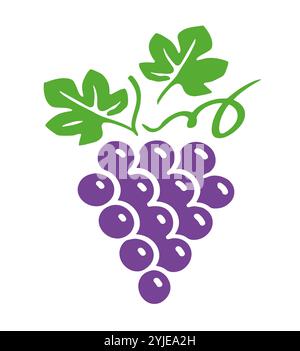 Lila Trauben auf der Rebe mit grünen Blättern, Logo. Symbol für Weinrebe. Weinberg, Weinkellerei-Ikone Stock Vektor