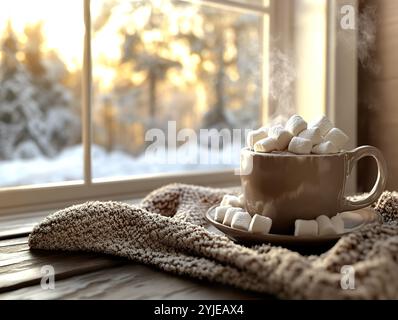 Tasse heiße Schokolade mit Marshmallows am Fenster Stockfoto