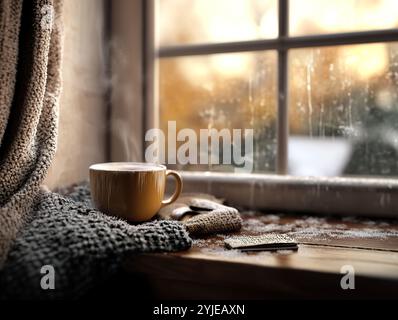 Dampfaufsatz auf dem Tisch am mattierten Fenster Stockfoto