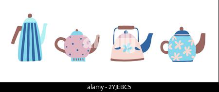Set aus niedlichen Vintage Teekannen und Wasserkocher. Hand gezeichnete Vektor-Illustration im modernen einfachen Doodle-Stil in Pastellfarben. Stock Vektor