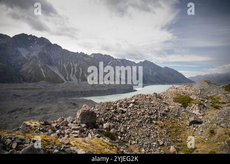 Blick auf die Tasman-Gletscherregion in der Nähe von Mount Cook in Neuseeland. Stockfoto