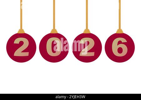 Neujahrsschild 2026 auf roten Weihnachtskugeln, die an Fäden vor weißem Hintergrund hängen Stockfoto