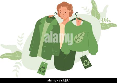 Umweltfreundliche Kleidung und nachhaltige Mode. Frau, die Textilien recycelt. Freizeitkleidung und Business-Anzug kaufen. Recycling- und Umweltverträglichkeitsprüfungen Stock Vektor