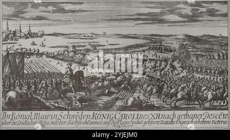 Großer Nordkrieg (1700–1721). Konflikte um die Vorherrschaft in der Ostsee. Die Rivalität zwischen Schweden, das in Nordeuropa dominiert, und Russland, Dänemark-Norwegen und der Republik der beiden Nationen veranlassten diese drei staaten zusammen mit Sachsen 1700 zu einer antischwedischen Koalition. Schlacht von Daugava oder Schlacht von Spilve (9. Juli 1701). Die Armee von König Karl XII. Von Schweden Griff die Befestigungen von Lucavsala über den Fluss Daugava an und besiegte die Russen. Die Gravur zeigt das Ende der Schlacht. Die schwedische Infanterie (Fahnenträger, Musketiere, Pikeniere) greift an. Ein Stockfoto