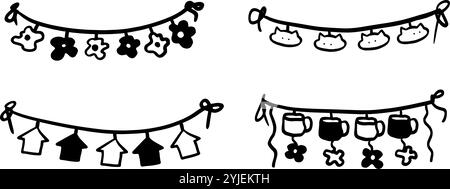 Schwarz-weißes Flaggenset | minimalistischer Doodle für Party- und Dekorationsdesigns Stock Vektor
