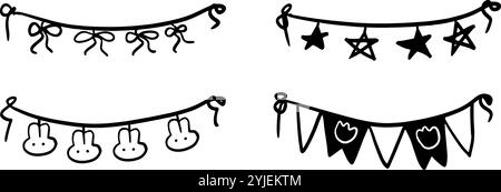 Schwarz-weißes Flaggenset | minimalistischer Doodle für Party- und Dekorationsdesigns Stock Vektor