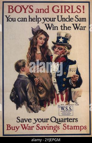 Jungen und Mädchen! Du kannst deinem Onkel Sam helfen, den Krieg zu gewinnen. Museum: PRIVATE SAMMLUNG. AUTOR: JAMES MONTGOMERY FLAGG. Copyright: Dieses Bildmaterial ist nicht gemeinfreie Inhalte. Es liegt in Ihrer Verantwortung, vor der Veröffentlichung alle erforderlichen Genehmigungen Dritter vom Urheberrechtler in Ihrem Land einzuholen. Stockfoto