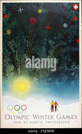 Offizielles Poster für die Olympischen Winterspiele 1948 in St. Moritz. Museum: PRIVATE SAMMLUNG. Autor: Fritz Hellinger. Copyright: Dieses Bildmaterial ist nicht gemeinfreie Inhalte. Es liegt in Ihrer Verantwortung, vor der Veröffentlichung alle erforderlichen Genehmigungen Dritter vom Urheberrechtler in Ihrem Land einzuholen. Stockfoto