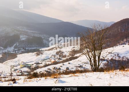 Berglandschaft im Winter. Ländliche Landschaft. Trübes Wetter mit Wolken am Himmel. Blattlose Bäume auf den schneebedeckten Hängen. karpaten Stockfoto