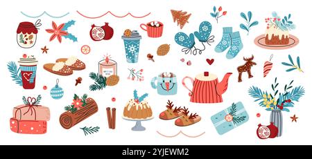 Handgezeichnetes Set aus kuscheligen Winterelementen. Weihnachtsvektor-Illustration. Stock Vektor