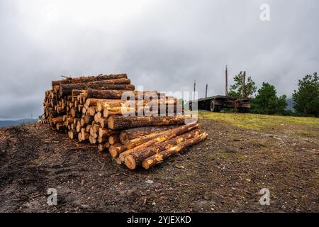 Bergstraße, die zu Holzbauernhöfen in den Hügeln führt, Somosierra, Madrid. Stockfoto