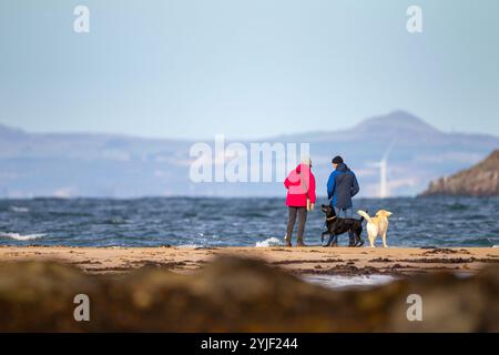 Mann und Frau mit zwei Hunden an der Küste in North Berwick, East Lothian, Schottland, Oktober 2024. Stockfoto