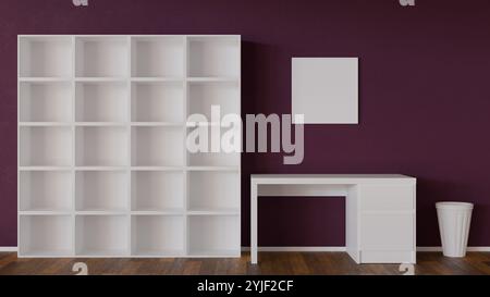 Bücherregal, Tisch und Vase in einem Raum mit violetter Wand. Minimalistisches und klares Design, perfekt für ein Heimbüro oder ein Studentenzimmer. Stockfoto