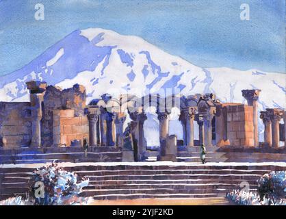 Zvartnots mittelalterliche armenische Kathedrale Ruinen mit Mt. Ararat im Hintergrund - in der Nähe von Jerewan farbenfrohe Wanddekoration Stockfoto