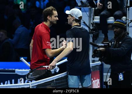 Turin, Italien. November 2024. Daniil Medwedev (RUS) und Jannik Sinner (ITA) während des fünften Tages des Nitto ATP Finals 2024 in der Inalpi Arena am 14. November 2024 in Turin, Italien./Alamy Live News. Quelle: Unabhängige Fotoagentur/Alamy Live News Stockfoto