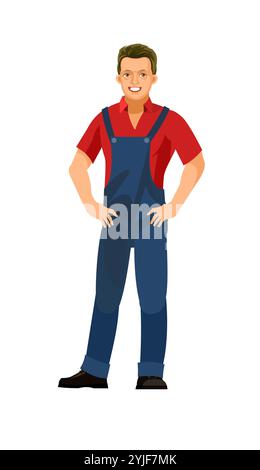 Builder. Arbeiter im Overall. Lustiger Zeichentrickstil. Objekt auf weißem Hintergrund isoliert. Vektorzeichen stehen. Stock Vektor