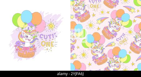 Niedliches Einhorn, das in Ballons fliegt. Karte mit magischem Pferd und Hintergrund im Zeichentrickstil. Vektorillustration und nahtloses Muster. Für cl Stock Vektor