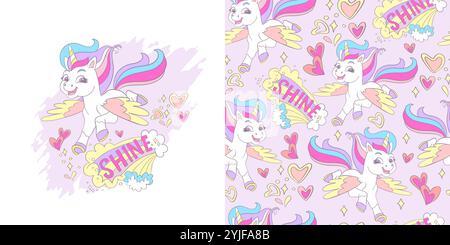Niedliches fliegendes Einhorn und Schriftzug. Karte mit magischem Pferd und Hintergrund im Zeichentrickstil. Vektorillustration und nahtloses Muster. Für Stock Vektor
