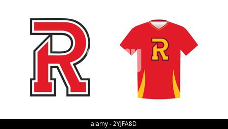 Auffälliger Buchstabe R für Sporttrikot, College- oder Schultrikot. Identität des Sportteams, Warenzeichen, Nationalliga-Wettkampfbekleidung Stock Vektor