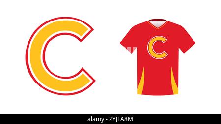 Kräftiger gelber Buchstabe C mit roter Umrandung, Sportemblem in Varsity auf rotem Sportrikot. Ideal für Sportmannschaftslogos, College-Branding, sportlich Stock Vektor