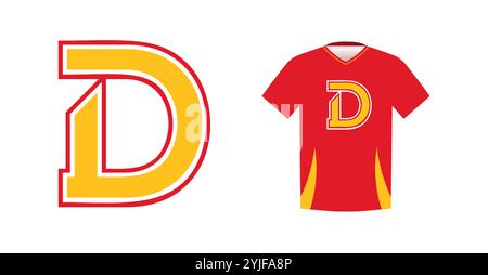 Kräftiger gelber Buchstabe D mit roter Umrandung, Sportemblem in Varsity auf rotem Sportrikot. Ideal für Sportmannschaftslogos, College-Branding, sportlich Stock Vektor