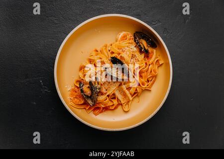 Tagliatelle-Pasta mit Muscheln und reichhaltiger Tomatensauce in einer beigen Schüssel auf dunklem, strukturiertem Hintergrund Stockfoto