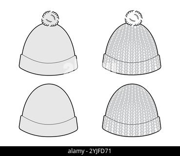 Set Häkelmütze mit Pompon. Gestrickter Winterkopf Mode Accessoire Cap Kleidung technische Illustration. Vektor-Kopfbedeckung für Männer, Frauen, Unisex-Stil, flache Vorlage CAD-Modell Skizze Umriss Stock Vektor