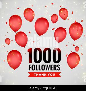 1.000 Follower danke Poster mit fliegenden Ballons Stock Vektor