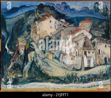 Blick auf Cagnes. Künstler: Chaim Soutine (Franzose (* Litauen), Smilovitchi 1893-1943 Paris). Abmessungen: 3/4 x 7/8 Zoll (60,3 x 73,3 cm). Datum: Ca. 1924-25. Am bekanntesten für seine düsteren Porträts malte Soutine während seiner Karriere auch Landschaften. Von 1923 bis 1925 verbrachte Soutine Zeit im Bergdorf Cagnes an der französischen Rivera. Die Farben Blau, Grün und Ocker deuten auf die heitere Atmosphäre der Region hin, während der expressionistische Pinselstrich dem Dorf eine fantasievolle, fast märchenhafte Qualität verleiht. Soutines gestapelte und verdichtete Formen bringen die Stadt auf dem Hügel nach ap Stockfoto