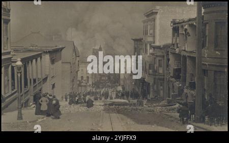 Nach dem Erdbeben in San Francisco. Künstler: Arnold Genthe (Amerikaner (* Deutschland), Berlin 1869-1942 New Milford, Connecticut). Abmessungen: 13,3 x 23,5 cm (5 1/4 x 9 1/4 Zoll). Datum: 1906. Am frühen Morgen des 18. April 1906 erschütterte ein schweres Erdbeben San Francisco und löste sofort einen verheerenden dreitägigen Brand aus. Genthe, ein Bildfotograf, der ein Porträtstudio in der Sutton Street Betrieb, nahm die Panik und Verwirrung auf, die die Stadt durchdrungen hatten, und prophezeite den enormen Schaden, der noch bevorsteht: Am Ende des dritten Tages waren mehr als vier Quadratkilometer von San Francisco eingeebnet worden. Anzeige Stockfoto