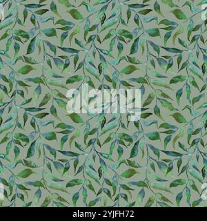 Nahtloses Kräutermuster mit stilisierten Blättern. Blumenmuster in endlosem Grün, gefüllt mit Zweigen in Aquarellfarben. Frischer grüner Hintergrund, Tapete, Textil Stockfoto