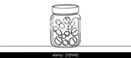 Ein Gefäß mit Pillen, eine durchgehende Linie. Vektorillustration von Tabletten, Vitaminen und Pillen in einem Plastikgefäß. Arzneimittel, Medizin und Schönheit. Pillen p Stock Vektor