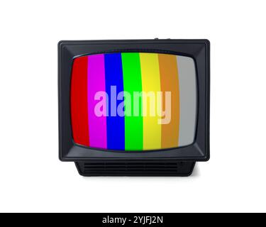 Retro-Fernseher mit Testmuster auf weißem Hintergrund. Farbbalken auf dem Bildschirm. Kein Signal Stockfoto