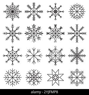 Schneeflocken-Symbolsatz. Einzigartige Schneekristall-Designs. Symbole für die Wintersaison. Vektorabbildung. Stock Vektor