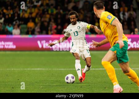 Melbourne, Australien. November 2024. Yasir Gharsan Alshahrani aus Saudi-Arabien wurde in der dritten Runde des Qualifikationsspiels der FIFA-Weltmeisterschaft 2026 zwischen Australien Socceroos und Saudi-Arabien im Melbourne Rectangular Stadium gezeigt. Endpunktzahl; Australien 0:0 Saudi-Arabien (Foto: George Hitchens/SOPA Images/SIPA USA) Credit: SIPA USA/Alamy Live News Stockfoto