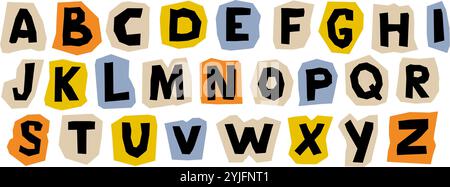 Papierkorrektur. Buntes Collage-Set mit Großbuchstaben. Basteln Sie Kid Schriftart Elemente Bundle für Dekoration, Poster, Banner, Druck. Lösegeld-Stil abc-Pack in Großbuchstaben. Vektor Stock Vektor