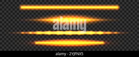 Leuchtendes goldenes Leuchtenset für Neonröhren. LED-Lichtstrahl-Sammlung. Helle leuchtende fluoreszierende Stablinien. Glänzend warme Farbstreifen-Elementpaket zum Teilen, Trennen, Verzieren. Vektorabbildung Stock Vektor