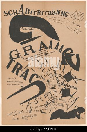 Am Abend, auf ihrem Bett liegend, liest sie den Brief ihres Artilleristen an der Front (Le Soir, couchée dans son lit, elle relisait la lettre de son artilleur au front), veröffentlicht in Les Mots en liberté futuristes. Künstler: Filippo Tommaso Marinetti (Italiener, geboren in Ägypten, Alexandria 1876-1944 Bellagio, Italien). Abmessungen: 3/4 x 1/8 Zoll (34,9 x 23,2 cm). Datum: Erstellt 1917, veröffentlicht 1919. 1909 veröffentlichte Marinetti das Manifest des Futurismus, in dem er eine revolutionäre Kunst forderte, die die Klänge, Bilder und Dynamik des modernen Lebens widerspiegelt. Er entwickelte bald Bewährungsklagen in libe Stockfoto