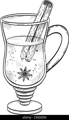 Eine gemütliche und einladende Illustration eines gewürzten Getränks mit Zimtstab und duftendem Sternanis. Handgezeichnete Vektor-Schwarzweiß-Grafiken in Strichgrafik für gedruckte Materialien, Innenräume und vieles mehr. Stock Vektor