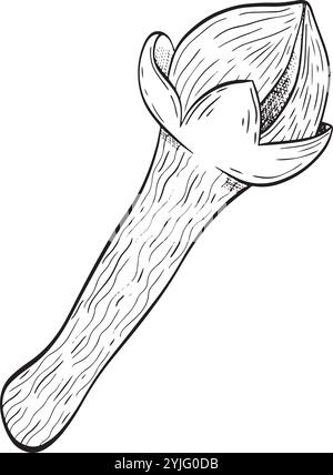 Dieses wunderschön gefertigte Holzutensil ist ideal für einzigartige kulinarische Kreationen und Gourmet-Präsentationen. Handgezeichnete Vektor-Schwarzweiß-Grafiken in Strichgrafik für gedruckte Materialien, Innenräume und vieles mehr. Stock Vektor