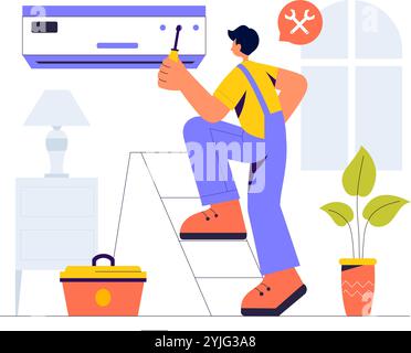 Vektor-Illustration eines Home Service Teams mit Reinigungskräften, Renovierungsarbeitern und Reparaturarbeitern, die ein Haus in einem flachen Hintergrund bauen und pflegen Stock Vektor