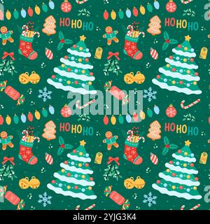 Weihnachten nahtlose Muster Vektor Illustration. Netter bunter Weihnachtshintergrund mit einfachen Feiertagselementen, Ornamenten, Weihnachtsbaum, Dekor Stock Vektor