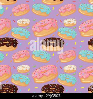 Leuchtende Donuts mit Streuseln auf violettem Hintergrund Stock Vektor
