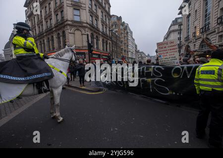 London, Großbritannien. Februar 2018. Die Polizei versucht, die Unterstützer vom März mit den Obdachlosen aufzuhalten - #solidaritynotcharity, Streets Kitchen, Obdacheless Outreach Central und London: Marsch für Obdachlose, während sie in Richtung West End marschieren, um zu protestieren, nachdem raue Schläfer auf den Straßen bei der jüngsten Kälte gestorben sind. Sie sagen, genug ist genug - keine Todesfälle mehr auf unseren Straßen mehr, und dass die Regierung ihrer Pflicht, Sozialwohnungen bereitzustellen und ihre Bürger zu plündern, nicht nachkommt, und dass staatliche Kürzungen bei Sozialleistungen und Geldern für Sozialdienstleistungen Menschen töten, die Arm, behindert oder leiden Stockfoto