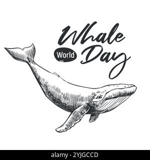 Whale Day Emblem, 19. Februar 2025. Vektoreinfarbige lineare Zeichnung eines Buckelwals. Das Konzept des globalen Problems der Erhaltung der Vielfalt der Säugetiere im Ozean. Design für ein T-Shirt. Stock Vektor