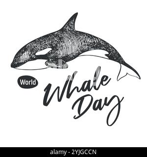 Whale Day Emblem, 19. Februar 2025. Lineare Vektorzeichnung von Killerwalen. Das Konzept des globalen Problems der Erhaltung der Tiervielfalt im Ozean. Orca-Design für T-Shirt. Stock Vektor