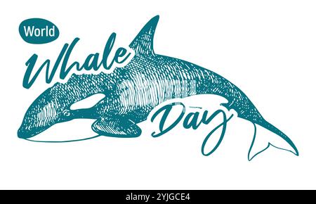 Whale Day Emblem, 19. Februar 2025. Lineare Vektorzeichnung von Killerwalen. Das Konzept des globalen Problems der Erhaltung der Tiervielfalt im Ozean. Orca-Design für T-Shirt. Stock Vektor